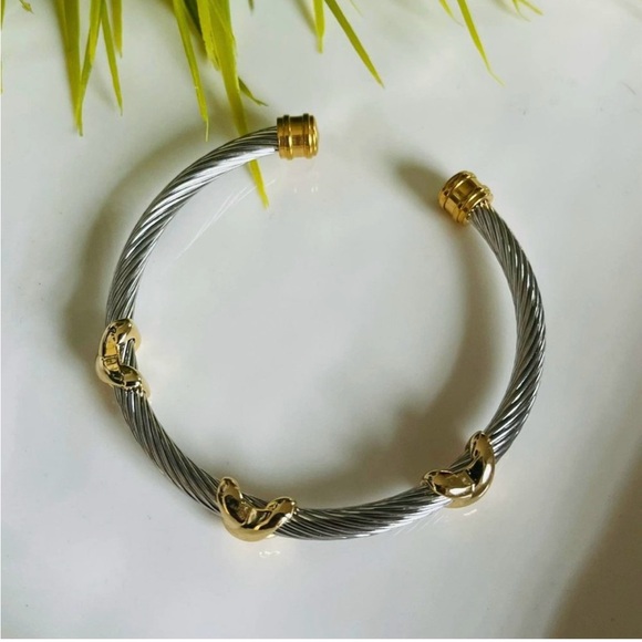 GOLD & SILVER PLATED TITANIUM STEEL ROPE CUFF BRACELETS WITH “X” DETAILS - Picture 12 of 12